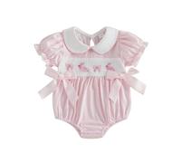 FeMereina My First Easter Baby Girl Outfit Bunny Embroidery Bubble Romper Short Sleeve Bow Jumpsuit Smocked Clothes (Pink, 6-12 Months)