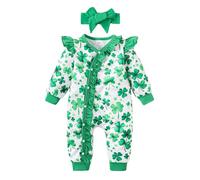 FeMereina Newborn Baby Girl St. Patricks Day Outfit Shamrock Print Ruffle Rompers V-Neck Long Sleeve Jumpsuit Bodysuits Ireland St. Patrick 's Day Outfit Clothes (Green, 3-6 Months)