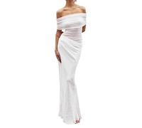 FeMereina omen Off The Shoulder Mesh Maxi Dress Bodycon Ruched Formal Short Sleeve Bodycon Cocktail Wedding Guest Long Dresses (White, S)