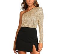 FeMereina One Shoulder Sequin Bodysuit for Women Sparkle Glitter Long Sleeve One Piece Top Bodysuits with Sheer Mesh Thong