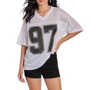 FeMereina Oversized Jersey Shirts for Women Y2k Number Graphic Print V Neck Short Sleeve Aesthetic Summer T-Shirt Streetwear (White, M)