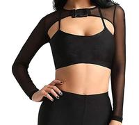 FeMereina Rave Tops for Women Sheer Mesh Long Sleeve Crop Top See Through Cover Ups with Buckle (A-Black, L)