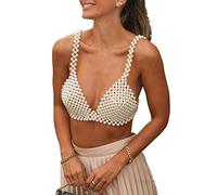 FeMereina Sexy Pearls Beaded Crop Top for Women Pearl Body Chain Bra Vest Spaghetti Strap Beaded Bra Cover up Top Tank Top (Creamy, One Size)