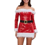 FeMereina Sexy Santa Claus Costume Dress Outfits for Women Off-Shoulder Christmas Sequin Dress with Belt (Red, S)
