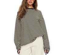 FeMereina Striped Long Sleeve Shirt Women Y2k Oversized Crewneck Vintage Tops Fall Winter Drop Shoulder Cute Preppy Pullover (Light Brown, L)