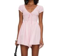 FeMereina Summer Gingham Romper for Women 2025 Dressy Casual Beach Vacation Short Plaid Smocked Jumpsuit (Light Pink, L)