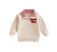 FeMereina Toddler Baby Boy Valentines Day Sweatshirt Letter Print Plaid Collared Long Sleeve Tops for Spring (Ivory, 2-3 Years)