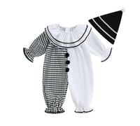 FeMereina Toddler Baby Clown Costume Boy Girl Funny Halloween Outfit Contrast Color Long Sleeve Jumpsuit with Hat (White, 6-12 Months)