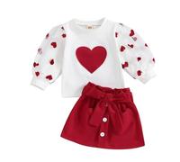 FeMereina Toddler Girl Valentines Day Outfit Love Heart Puff Sleeve Lace T Shirt Red Mini Skirt Kid Valentiens Dress Clothes (Ivory White, 18-24 Months)