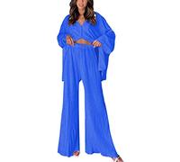 FeMereina Two Piece Pleated Outfits for Women Casua Turn-Down Collar Long Sleeve Loose Shirts Elastic Waist Wide-Leg Long Pants 2 Pieces Set (Dark Blue, XL)