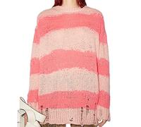 FeMereina Unisex Women 's Oversized Stripe Long Sleeve Sweater Ripped Oversized Sweater Gothic Harajuku Loose Knit Pullover Jumper Tops (Pink, One Size)