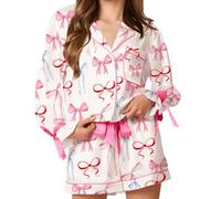 FeMereina Valentine's Day Bow Pajamas for Women Silk Satin Heart Print 2 Piece Pjs Bow Tie Long Sleeve Shirt Ruffle Shorts Set (White, S)