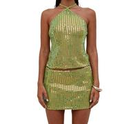 FeMereina Woman Two Piece Sequin Outfits Sparkly Sleeveless Halter Crop Tops Sexy Bodycon Mini Skirt Sets Y2K Clubwear (Green, S)
