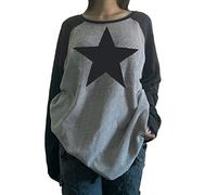 FeMereina Women Aesthetic Vintage Pullover Sweatshirts Fairy Grunge Star Printed Loose Casual Round Neck Long Sleeve Tops Autumn Streetwear (Black, Large)