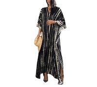 FeMereina Women Beachwear Turkish Kaftans Long Swimsuit Cover up Caftan Beach Dress Loose Short Sleeve Swimwear (Black#1, One Size)