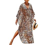 FeMereina Women Beachwear Turkish Kaftans Long Swimsuit Cover up Caftan Beach Dress Loose Short Sleeve Swimwear (Leopard, One Size)