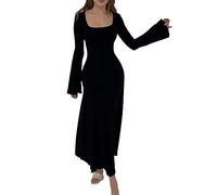 FeMereina Women Bell Long Sleeve Knit Maxi Dress Square Neck Ribbed Bodycon Long Dress Slim Fit Y2K Sweater Dress Streetwear (Black, M)