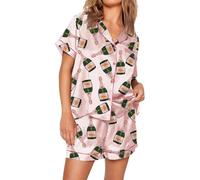 FeMereina Women Champagne Bottle Pajamas Sets Cartoon Wine Short Sleeve Shirt and Shorts Satin Pjs Lounge Set Sleepwear (Pink, S)