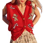 FeMereina Women Christmas Sweater Vest Cute Embroidered Button Front Crochet Tanks Holiday Sequin Knit Vest Top Xmas Clothes (Red, S)