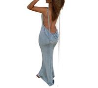 FeMereina Women Cut Out Backless Maxi Dress Knitted Halter Tie Back Long Dresses V Neck Strappy Bodycon Cocktail Party Dress (Blue#1, L)