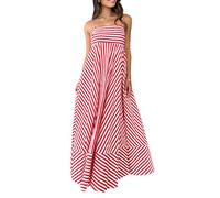 FeMereina Women Cute Stripe/Dot Print Maxi Cami Dress Loose Sleeveless Spaghetti Strap Boho Dress Flowy Graffiti Long A-line Sun Dress (Red, l)