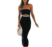 FeMereina Women Cutout Knitted Tube Midi Dress Strapless Backless Striped Patchwork Long Dress Hollowe Out Ribbed Bodycon Bandeau Dress Y2K Clubwear (Black, M)
