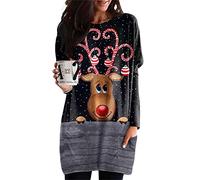 FeMereina Women Dress Shirt Christmas Long Sleeve Tops Santa Printed Pullover Loose Plus Size T-Shirt Blouse with Pockets (Black Gray Elk, L)