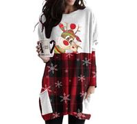FeMereina Women Dress Shirt Christmas Long Sleeve Tops Santa Printed Pullover Loose Plus Size T-Shirt Blouse with Pockets (Plaid#1, L)