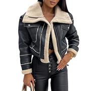 FeMereina Women Faux Suede Leather Jacket Motorcycle Biker Sherpa-Lined Coat Fur Collar Winter Aviator Leather Coat Bomber Jacket (Black, S)