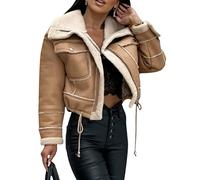 FeMereina Women Faux Suede Leather Jacket Motorcycle Biker Sherpa-Lined Coat Fur Collar Winter Aviator Leather Coat Bomber Jacket (Dark Khaki, L)
