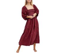 FeMereina Women Floral Embroidered Maxi Dress Long Puff Sleeve Square Neck Bohemian Flowy Dress with Pockets Smocked Sundress (Red, L)