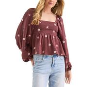 FeMereina Women Floral Embroidered Shirts Long Lantern Sleeve Smocked Square Neck Babydoll Blouse Ruffled Peplum Flowy Tops (Claret, S)