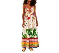 FeMereina Women Floral Spaghetti Strap Maxi Dress Boho Sleeveless Deep V-Neck Backless Ruffle Flowy Long Dress 2024 Causal Sundress (Mixed Color, L)