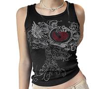 FeMereina Women Gothic Crop Top Black Spaghetti Strap Print Backless Mall Goth Punk Cami Vest Club Party Streetwear