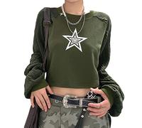 FeMereina Women Harajuku Loose Sweatshirt Vintage Graphic Star Print Oversized Shirt Blouse Pullover Y2K Grunge Punk Casual Top Streetwear (Green, Large)