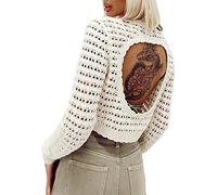 FeMereina Women Hollow Out Crochet Knit Sweater Crop Tops Long Sleeve Loose Fit Cropped Summer Fall Jumper Cover Up Pullover Tops Streetwear