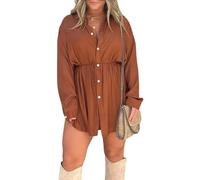 FeMereina Women Jumpsuit, Long Sleeve Turn-down Collar Button-down Shirt Bodysuit Belted Elastic Waist Solid Color Jumpsuits Rompers (Brown, L)