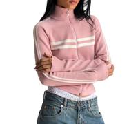 FeMereina Women Knitted Zipper Jacket Cardigan Y2k Stand Collar Double Zip Up Crop Sweater Jacket Ribbed Knit Sweatshirt (Pink, L)