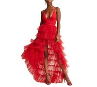 FeMereina Women Long High Low Ruffles Tulle Skirt Solid Color Mesh Tied-Up Irregular Floor-Length Party Train Overskirt Cover Ups (Red, One Size)