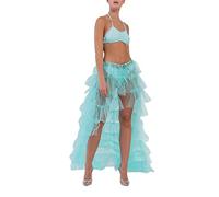 FeMereina Women Long High Low Ruffles Tulle Skirt Solid Color Mesh Tied-Up Irregular Floor-Length Party Train Overskirt Cover Ups (Blue, One Size)
