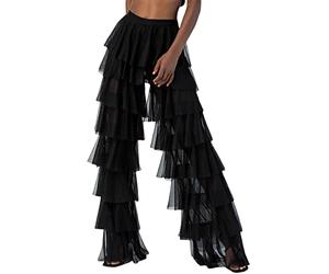 FeMereina Women Long Tiered Ruffled Tulle Pants Wide Leg Sheer Mesh Evening Party Layered Pants High Waist Loose Tutu Pant Y2K Clubwear (Black, L)