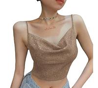 FeMereina Women Metal Sequin Sparkle Glitter Tank Deep V Neck Spaghetti Strap Backless Chain Halter Crop Tops Party Blouse
