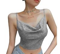 FeMereina Women Metal Sequin Sparkle Glitter Tank Deep V Neck Spaghetti Strap Backless Chain Halter Crop Tops Party Blouse