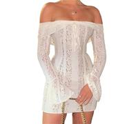 FeMereina Women Off Shoulder Lace Dress Floral Pattern Bow Long Sleeve Slim Fit Short Dresses Y2k Ruched Mini Bodycon Dresses (White, S)