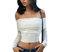 FeMereina Women Off Shoulder Sheer Mesh Crop Tops Long Sleeve Slash Neck Ruched Slim Fitted T-Shirts Elegant Low Cut Backless Blouse (G-White, M)