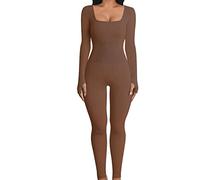 FeMereina Women One Piece Outfits Square Neck Mesh Sheer Bodycon Jumpsuit Long Sleeve See Through Party Jumpsuits (Brown#2, M)