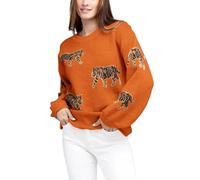 FeMereina Women Oversized Knit Sweater Tiger Print Long Sleeve Pullover Tops Aesthetic Clothes Streetwear Knitwear (Orange, S)