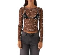 FeMereina Women Pearl Rhinestone Sheer Mesh Crop Top Sexy See Through Long Sleeve Slim Fit Cropped Blouse Shirt Clubwear (Black, XL)