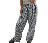FeMereina Women Plaid Wide Leg Pants Casual Loose Elastic Waist Trousers with Pockets Cute Pj Pants Baggy Lounge Pants for Work Office (Black, L)