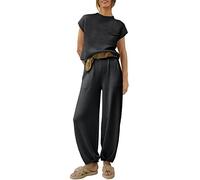 FeMereina Women Rib-Knit Pullover Short Sleeve Sweater Top Wide Leg Long Pants Set 2 Piece Outfits Tracksuit Lounge Sweater Sets (Black, L)